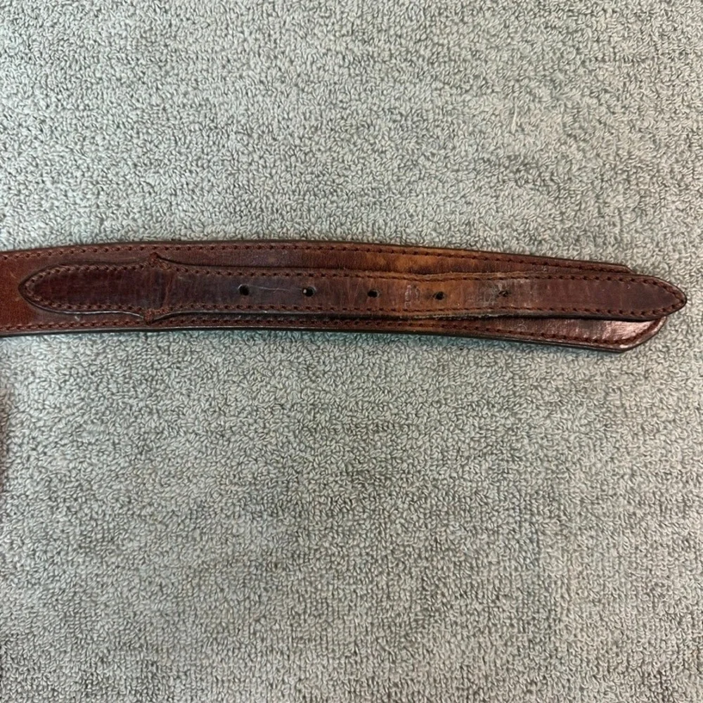Orvis Mens Brown Leather Belt Brass Buckle Woven Detail Size 46 13YP